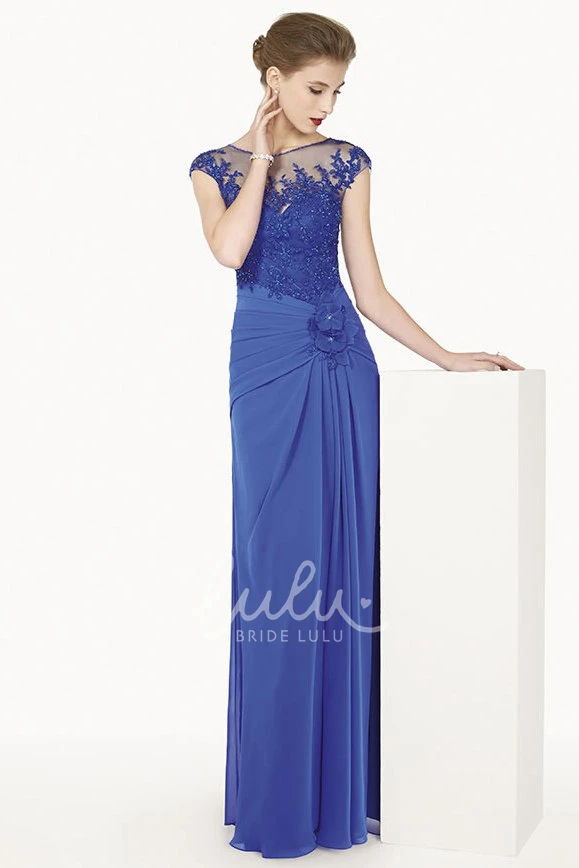 Chiffon Cap Sleeve Formal Dress with Appliqued Top and Waist Flower