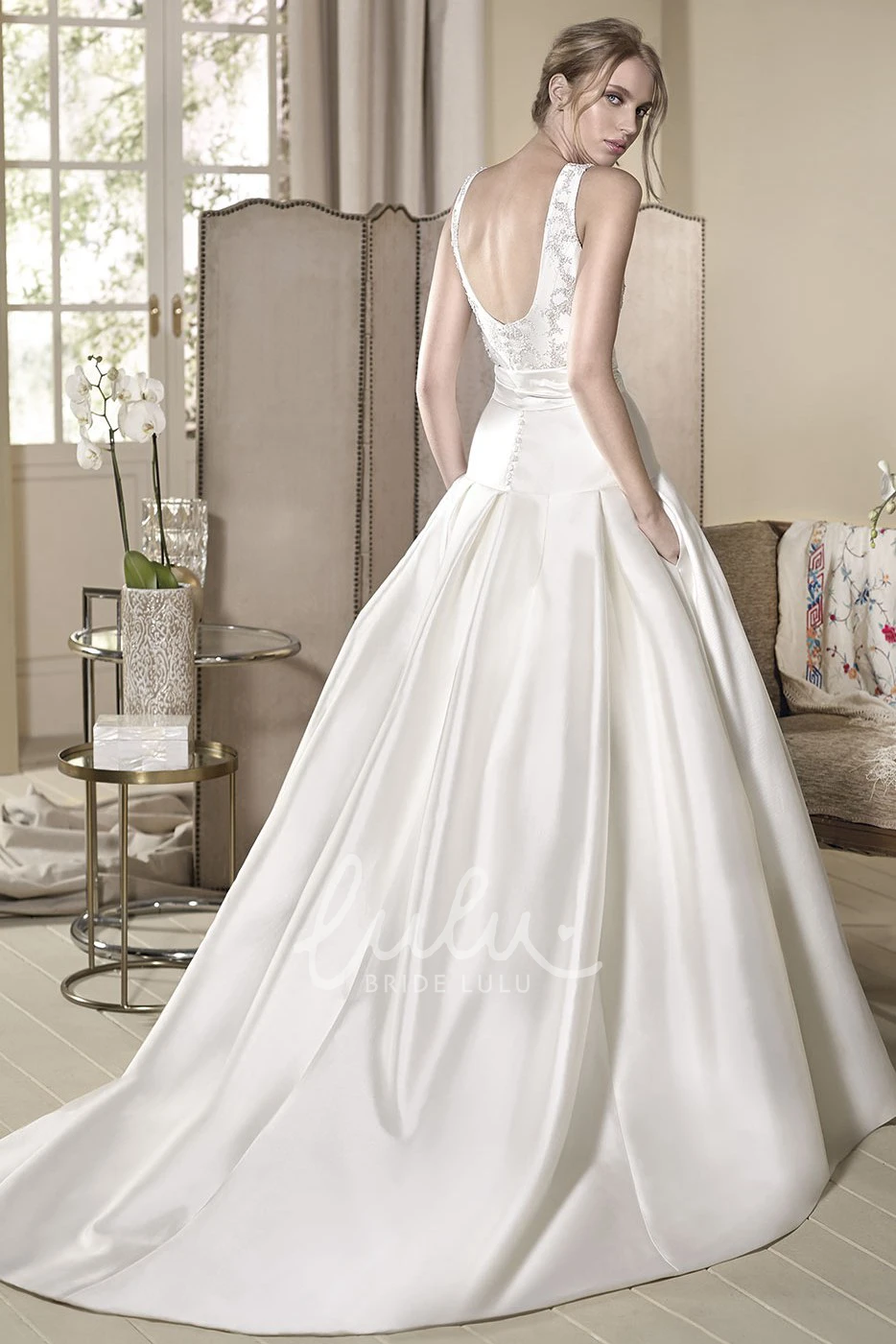 Appliqued Satin Wedding Dress with Bow Sleeveless Ball Gown