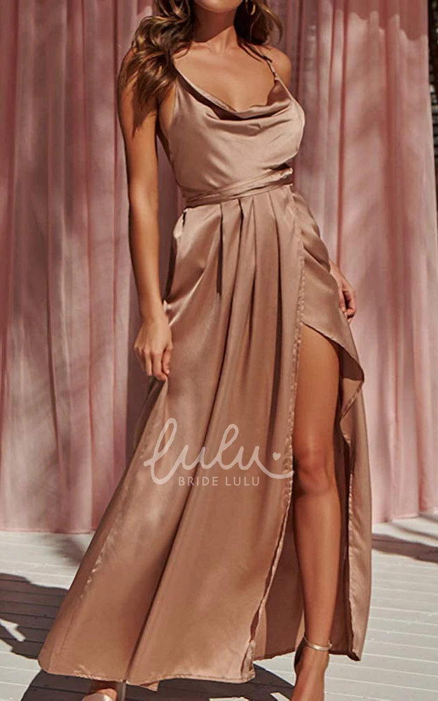 Romantic Satin V-neck A-line Guest Dress with Ruffles and Split Front Formal Dress