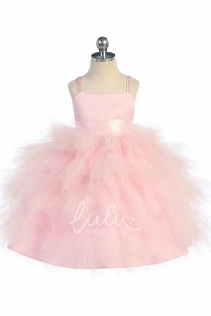 Beaded Tulle and Satin Flower Girl Dress with Spaghetti Straps Tea-Length
