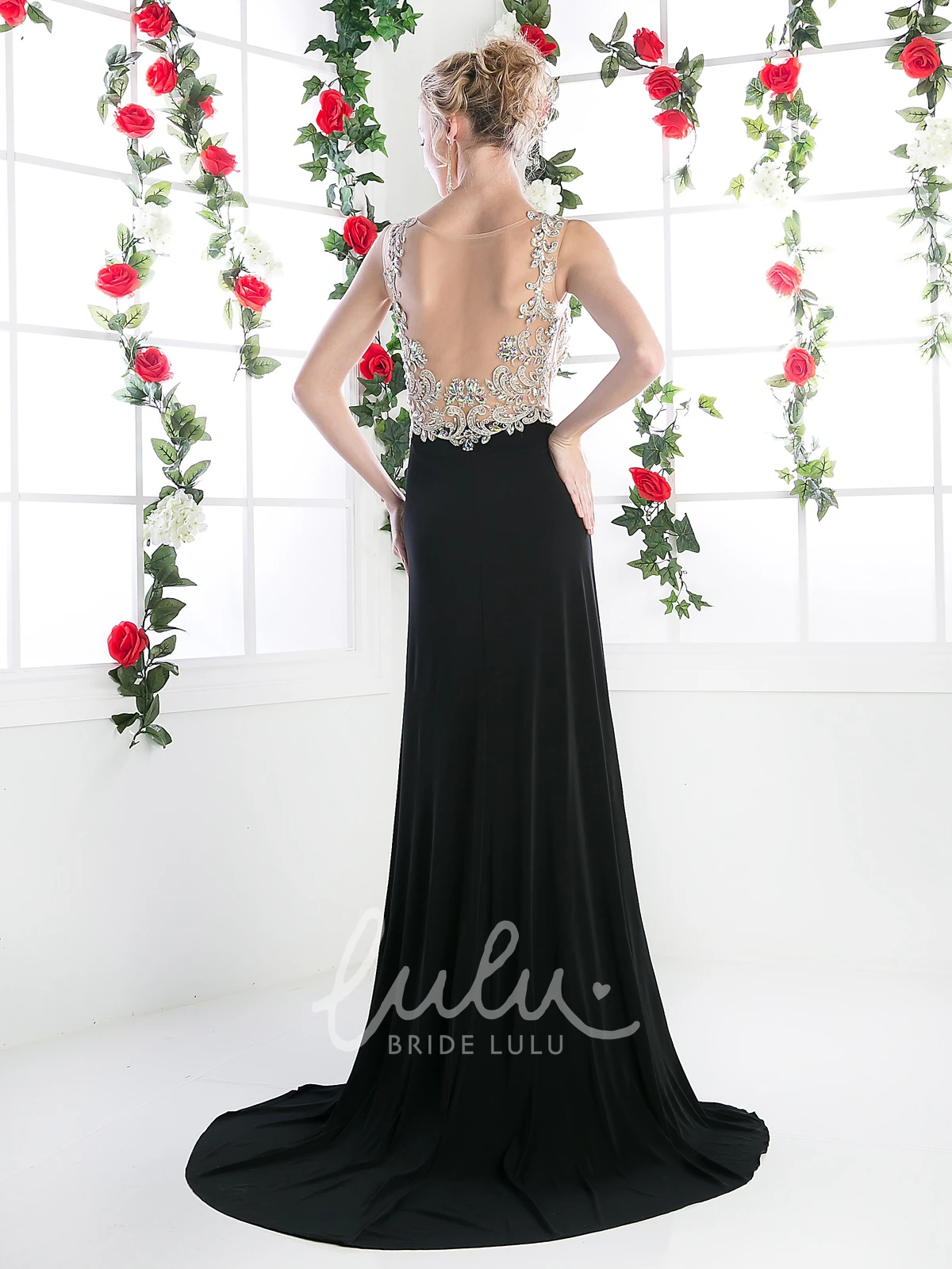 A-Line Illusion Court Train Jersey Formal Dress with Beading