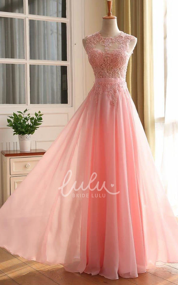 A-line Chiffon Lace Sleeveless Formal Dress with Zipper Back