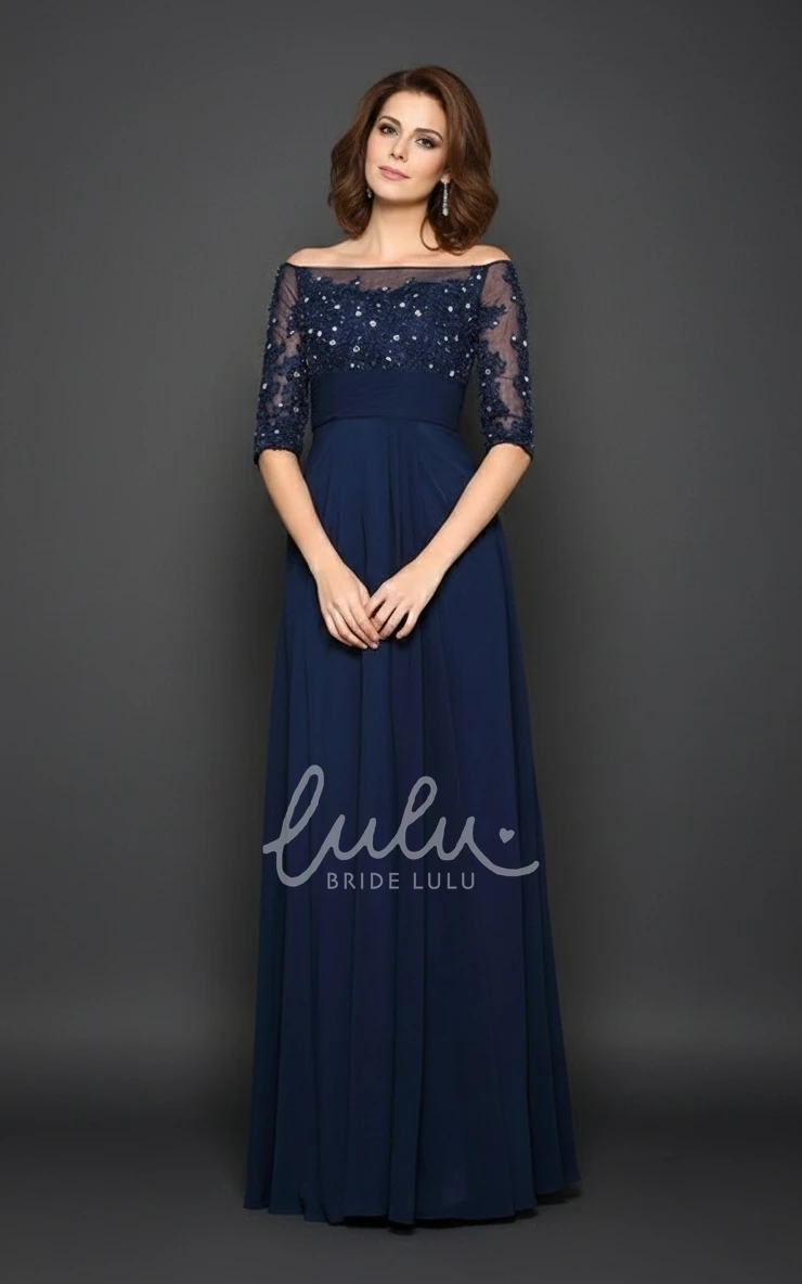 Lace Appliques Elegant A-Line Chiffon Floor-length Off-the-shoulder Half Sleeve Zipper Illusion Back Mother of the Bride Dress