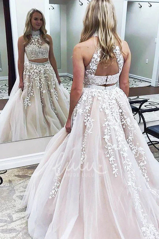 A-Line Lace Tulle Formal Dress with High Neckline