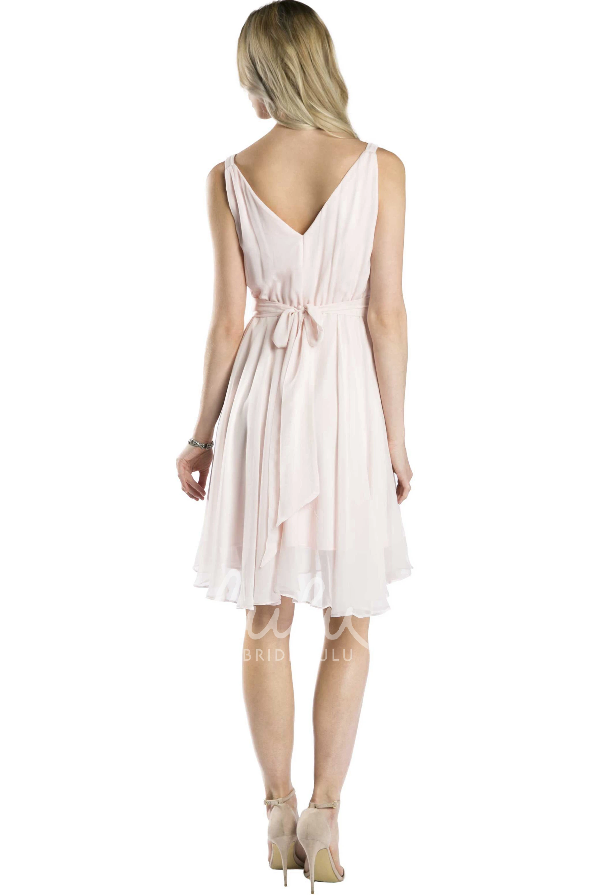 Draped Sleeveless Chiffon Multi-Color Bridesmaid Dress with Bow Mini V-Neck Style