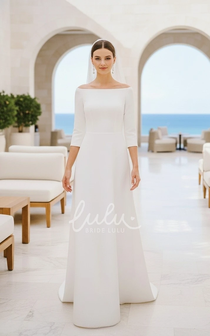 Chic A-Line Boat Neck 3/4 Sleeves Bridal Dress Minimalist Satin Warm Sweep Train Wedding Gown