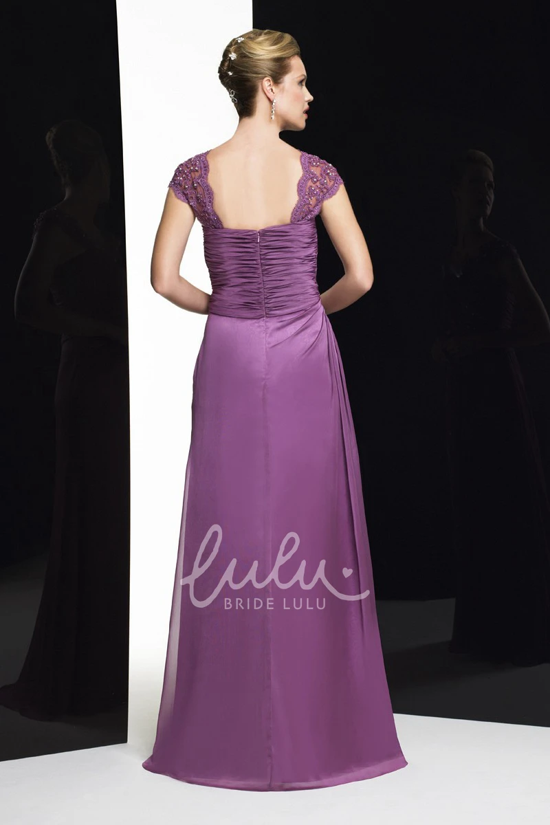 Sweetheart Chiffon Formal Dress with Beading Sheath Cap-Sleeve Long Criss-Cross