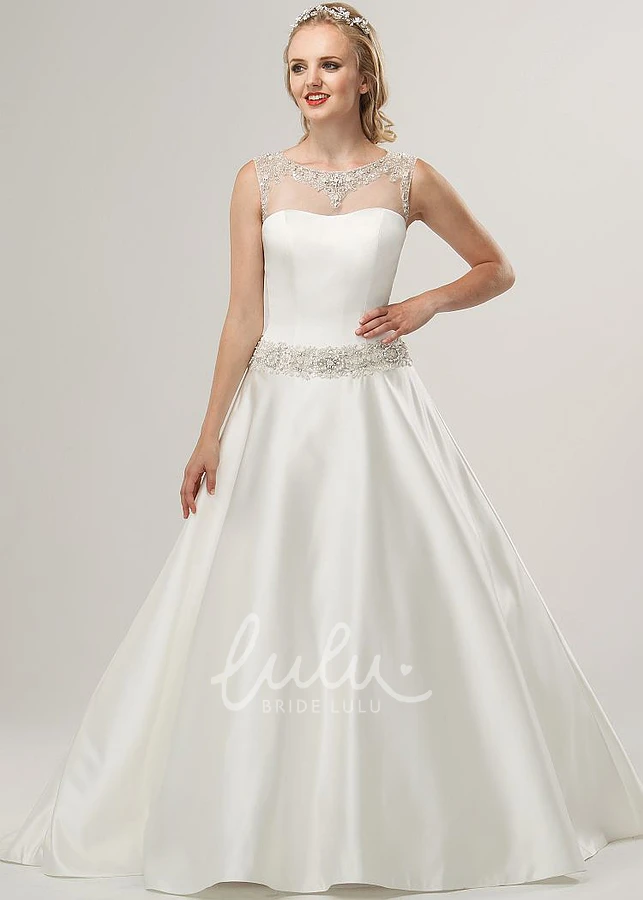 Satin Scoop-Neck Wedding Dress with Beaded Sleeveless A-Line Design Elegant and Modern