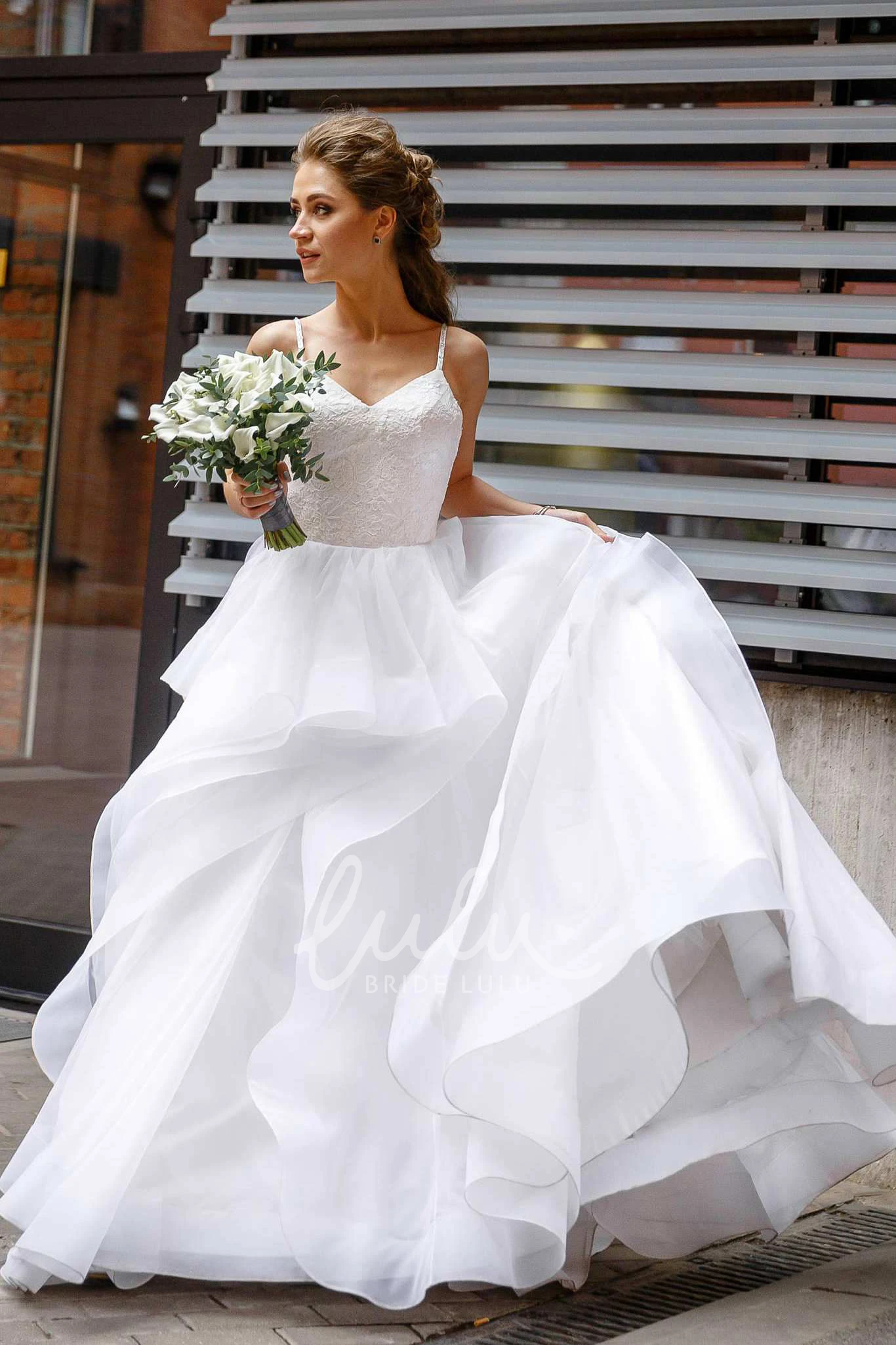 Layered Spaghetti Wedding Dress with Lace Top