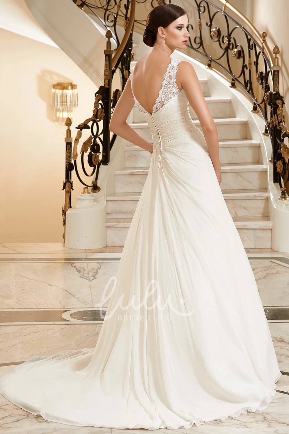 Jewel-Neck Appliqued A-Line Wedding Dress with Side Draping Maxi Length