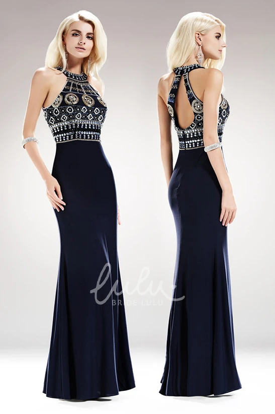 High Neck Sleeveless Jersey Formal Dress with Beading Sheath Floor-Length