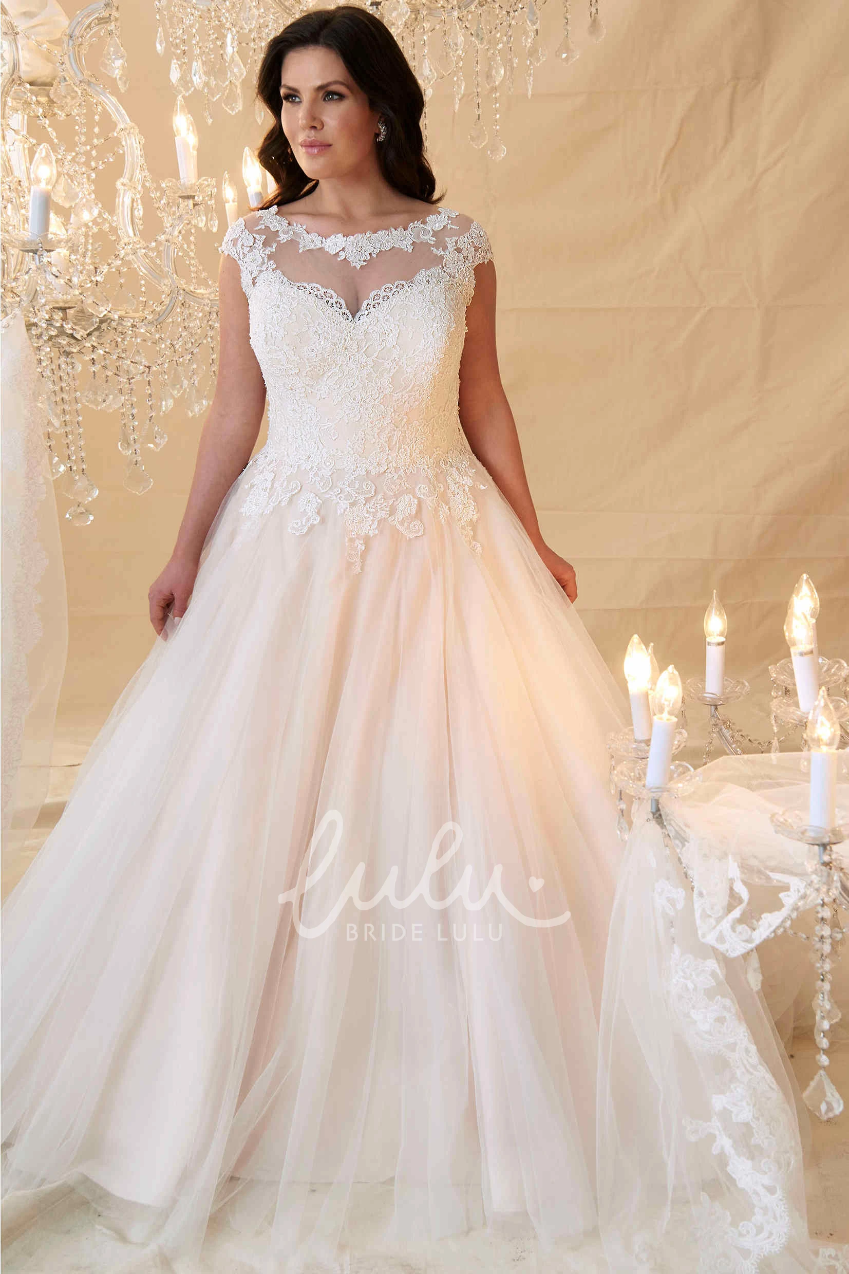 Keyhole Cap-Sleeve Ball Gown Wedding Dress with Lace & Tulle