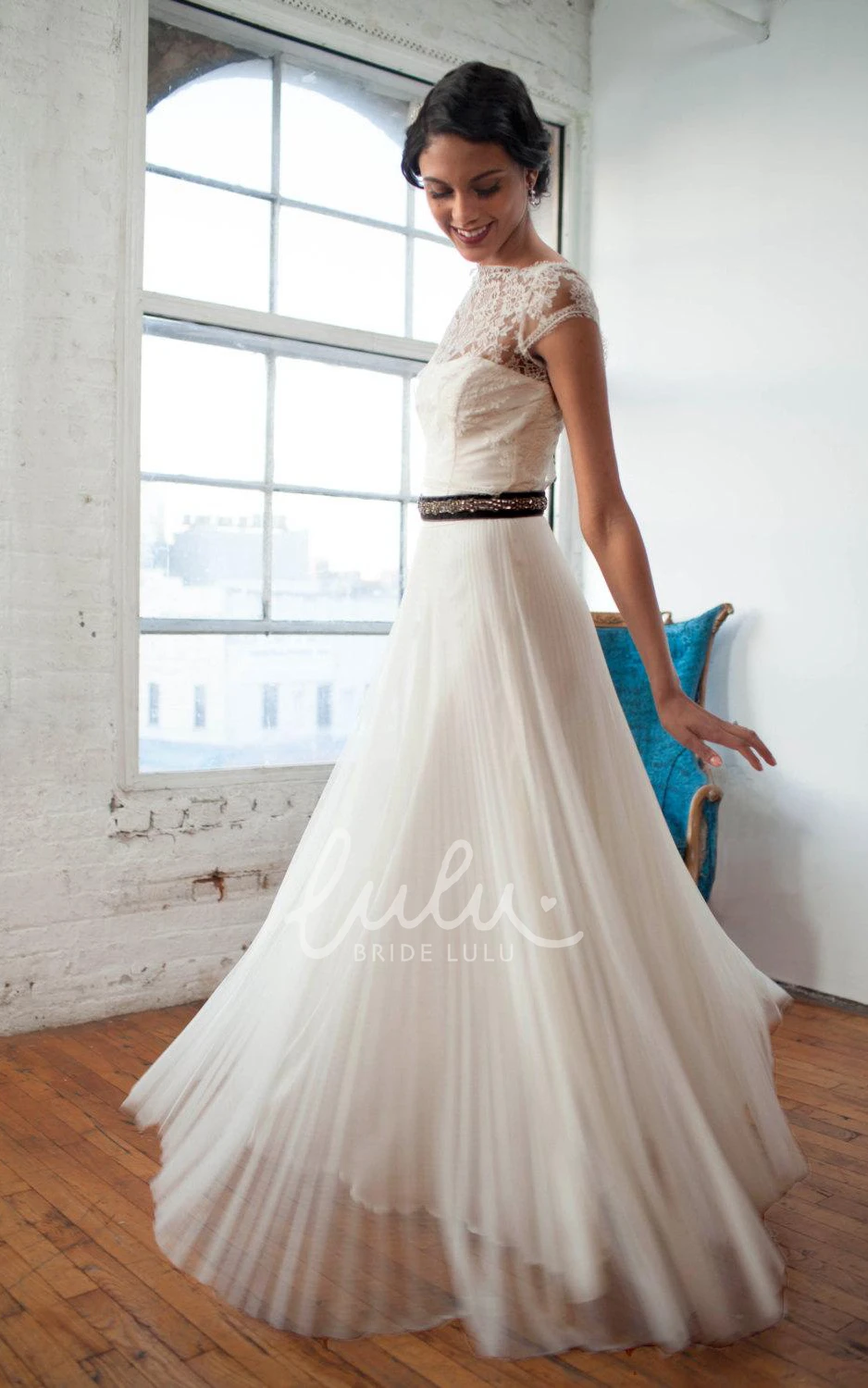 Chiffon Winter Wedding Dress with Cap Sleeves and Button Back Bateau Neckline