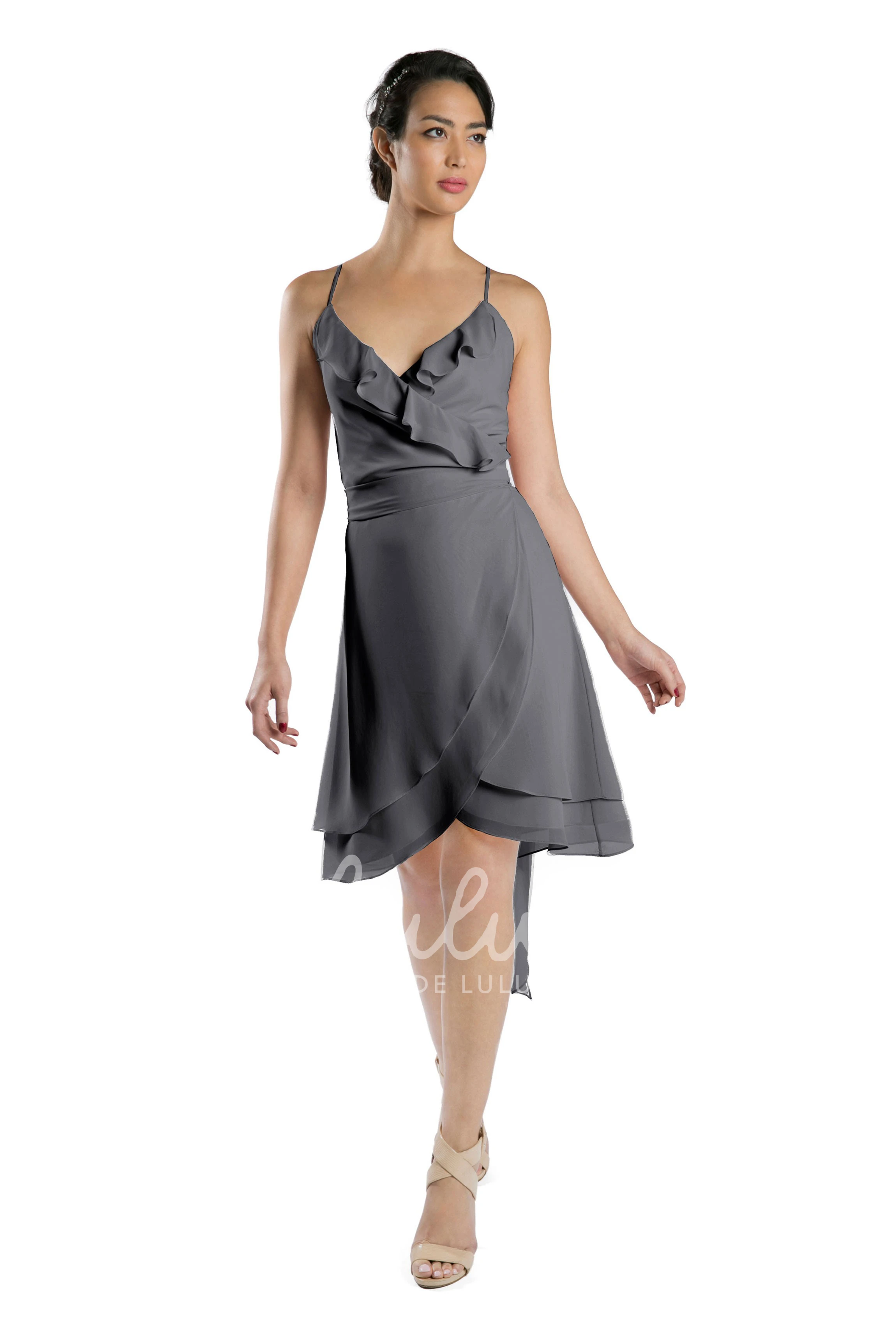 Spaghetti Strap Knee-Length Chiffon Bridesmaid Dress in Multi-Color Sleeveless