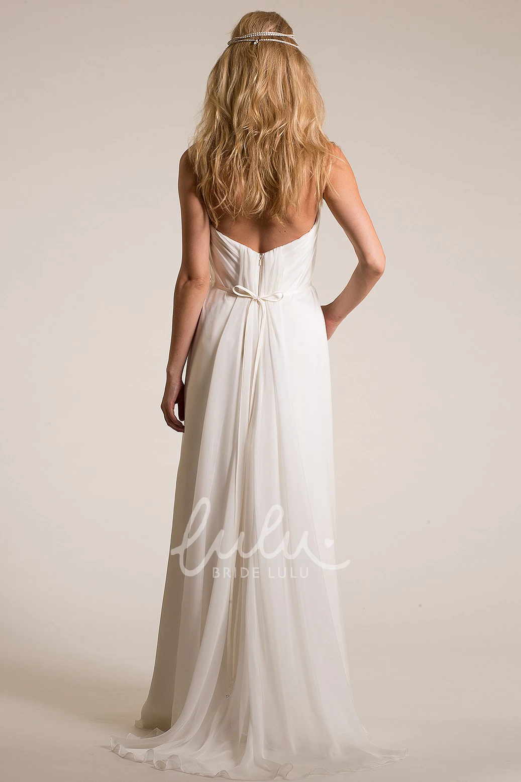 Jeweled Tulle Empire Wedding Dress with V-Back and Sweep Train