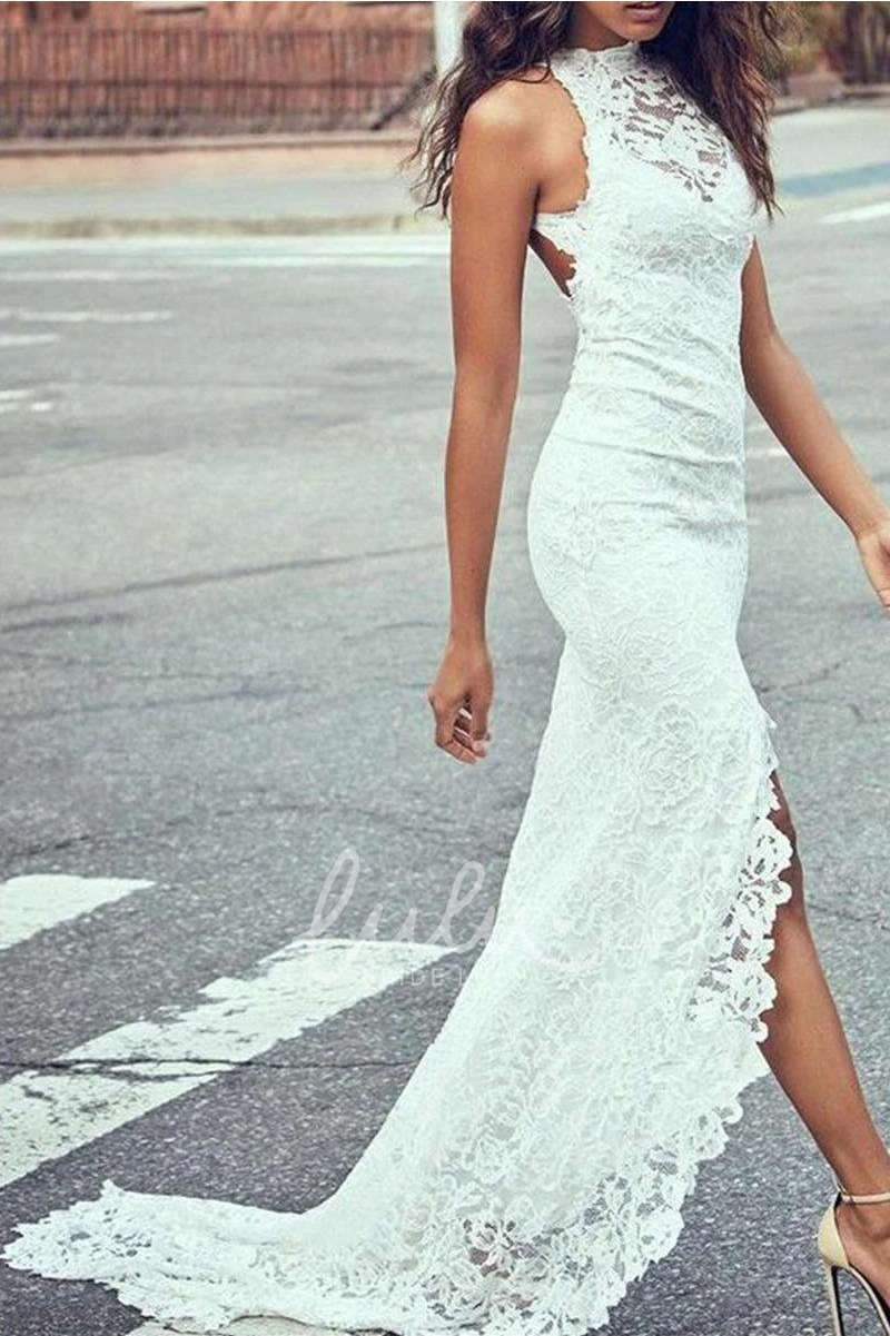 Lace Sheath Halter Split Front Court Train Wedding Dress