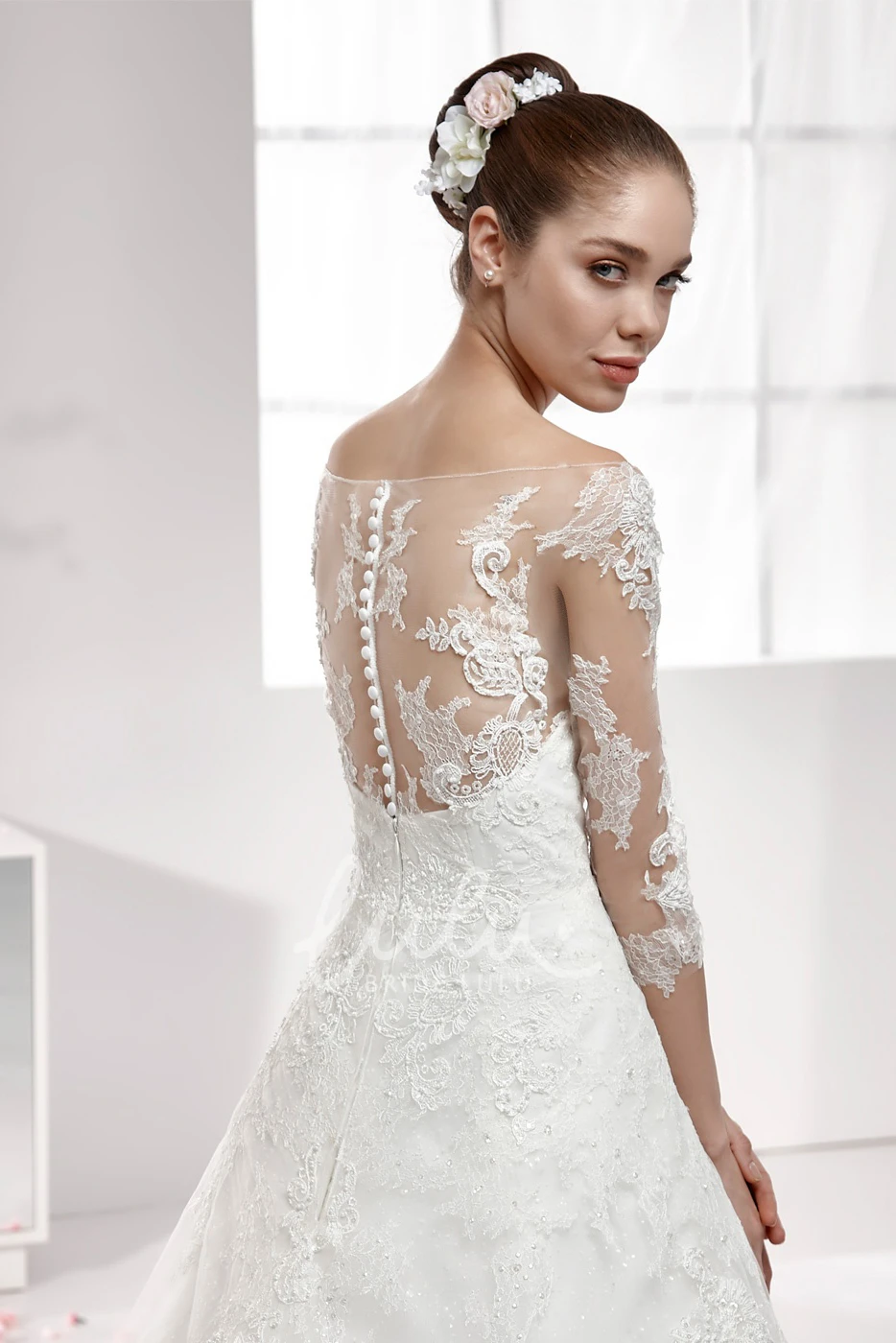Lace Off-Shoulder A-Line Wedding Dress with Half Sleeves and Illusive Style
