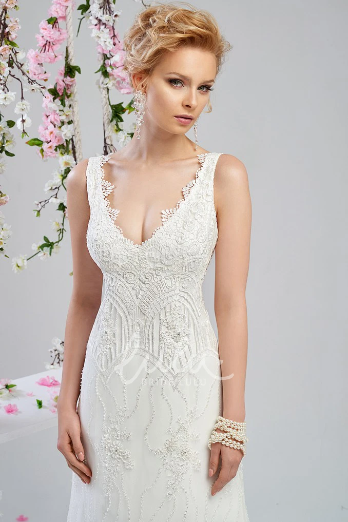 V-Neck Beaded Lace A-Line Wedding Dress Floor-Length