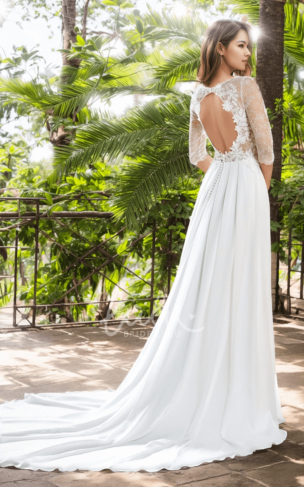 Vintage Ethereal A-Line V-neck Long Sleeve Chiffon Lace Wedding Dress Sexy Elegant Floor-length Split Front Backless Button Back Appliques Bridal Gown