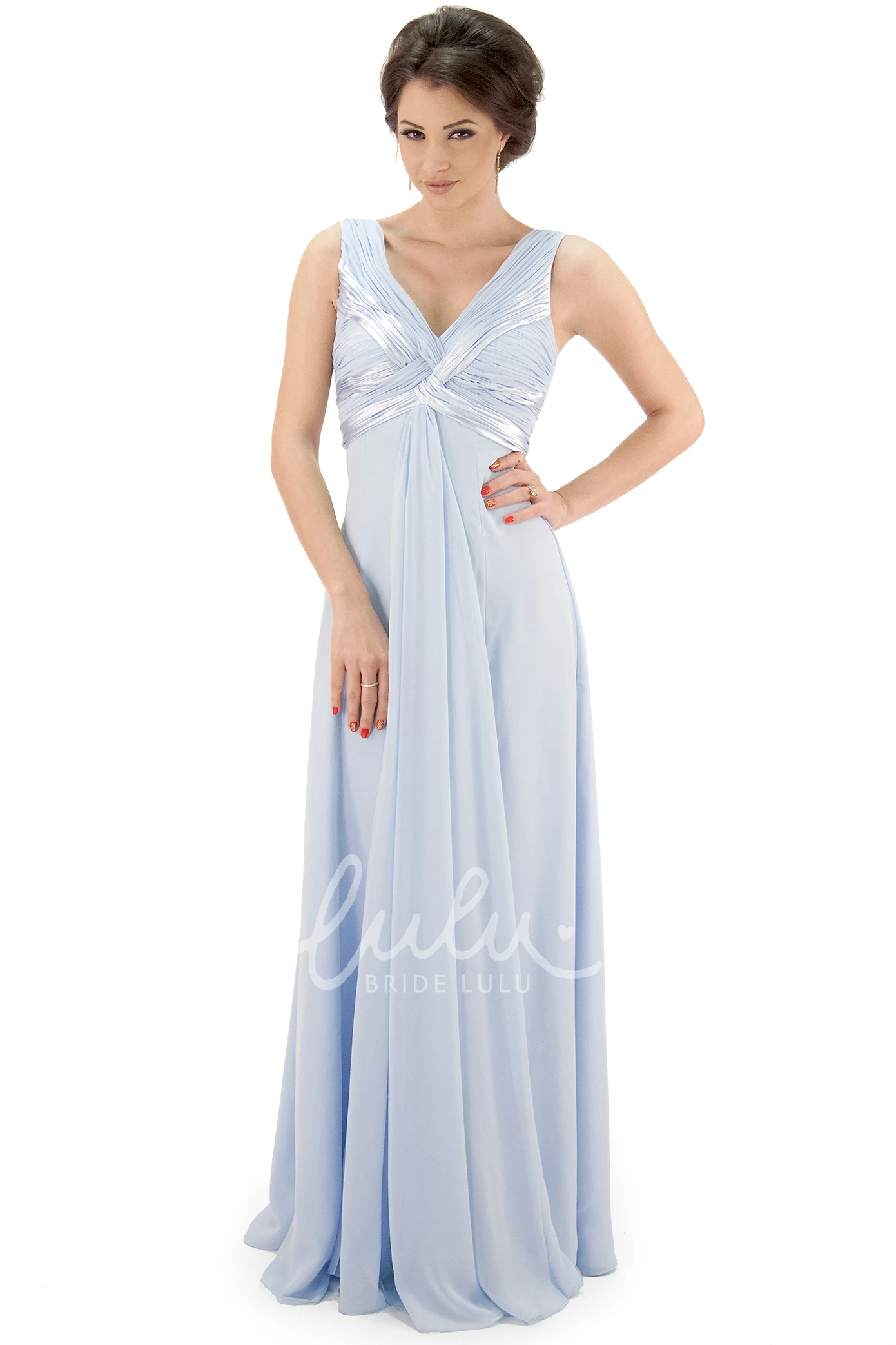 Maxi V-Neck Ruched Chiffon Bridesmaid Dress with Pleats and Illusion Unique Bridesmaid Dress
