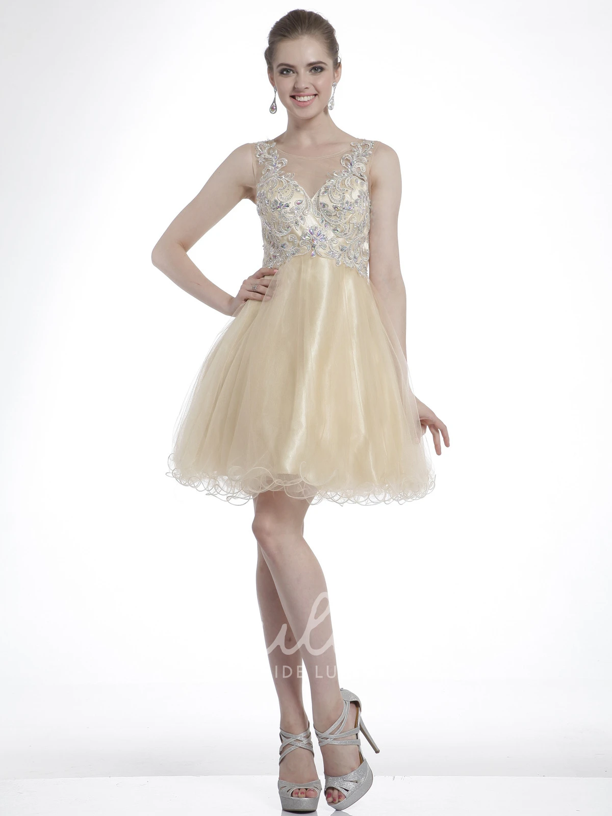 Sleeveless Tulle Satin A-Line Formal Dress with Beading and Ruffles