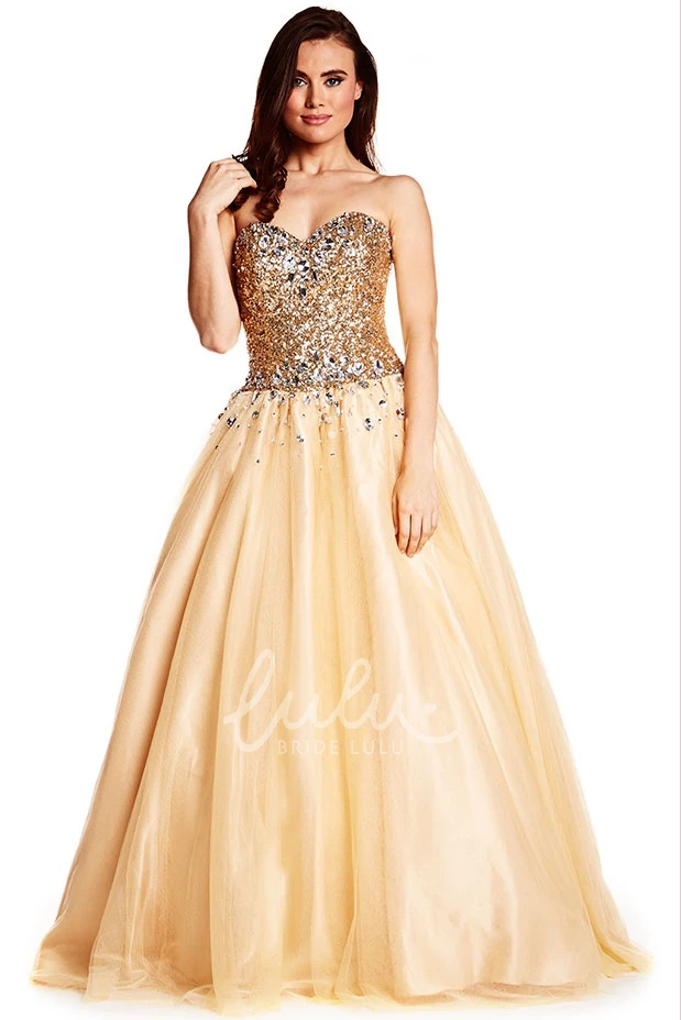Sweetheart Sequined Tulle Ball Gown Sleeveless Floor-Length Prom Dress with Sparkle