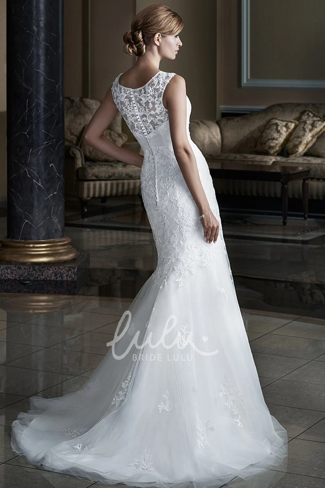 Sleeveless Trumpet Scoop-Neck Tulle&Lace Wedding Dress with Appliques Modern Wedding Dress