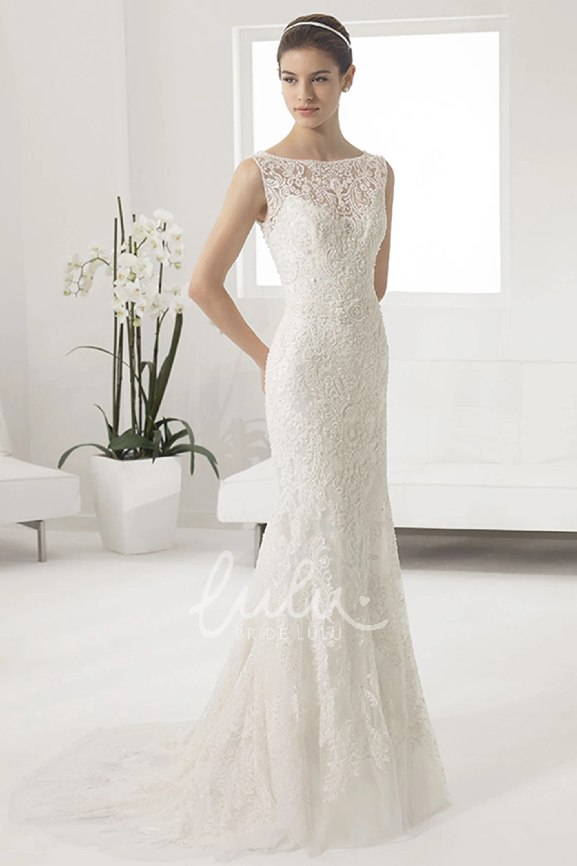 Mermaid Bridal Gown with Allover Lace Illusion Bateau Neck Wedding Dress