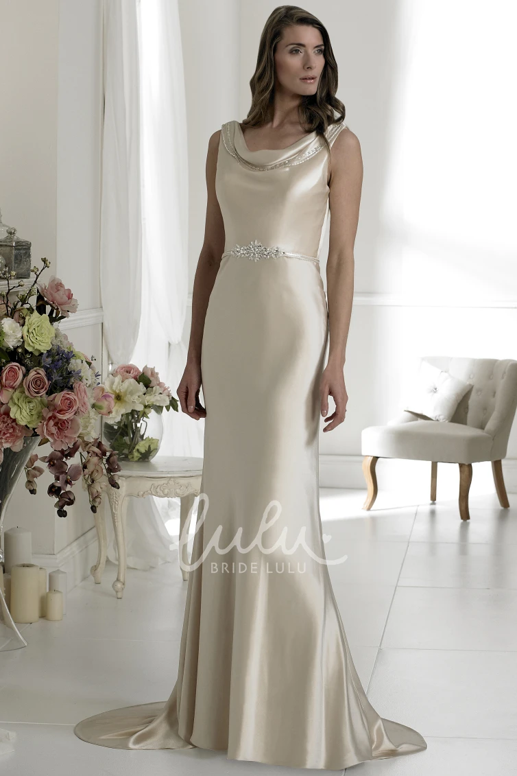 Satin Cowl-Neck Sleeveless Wedding Dress with Waist Jewelry Sheath Style