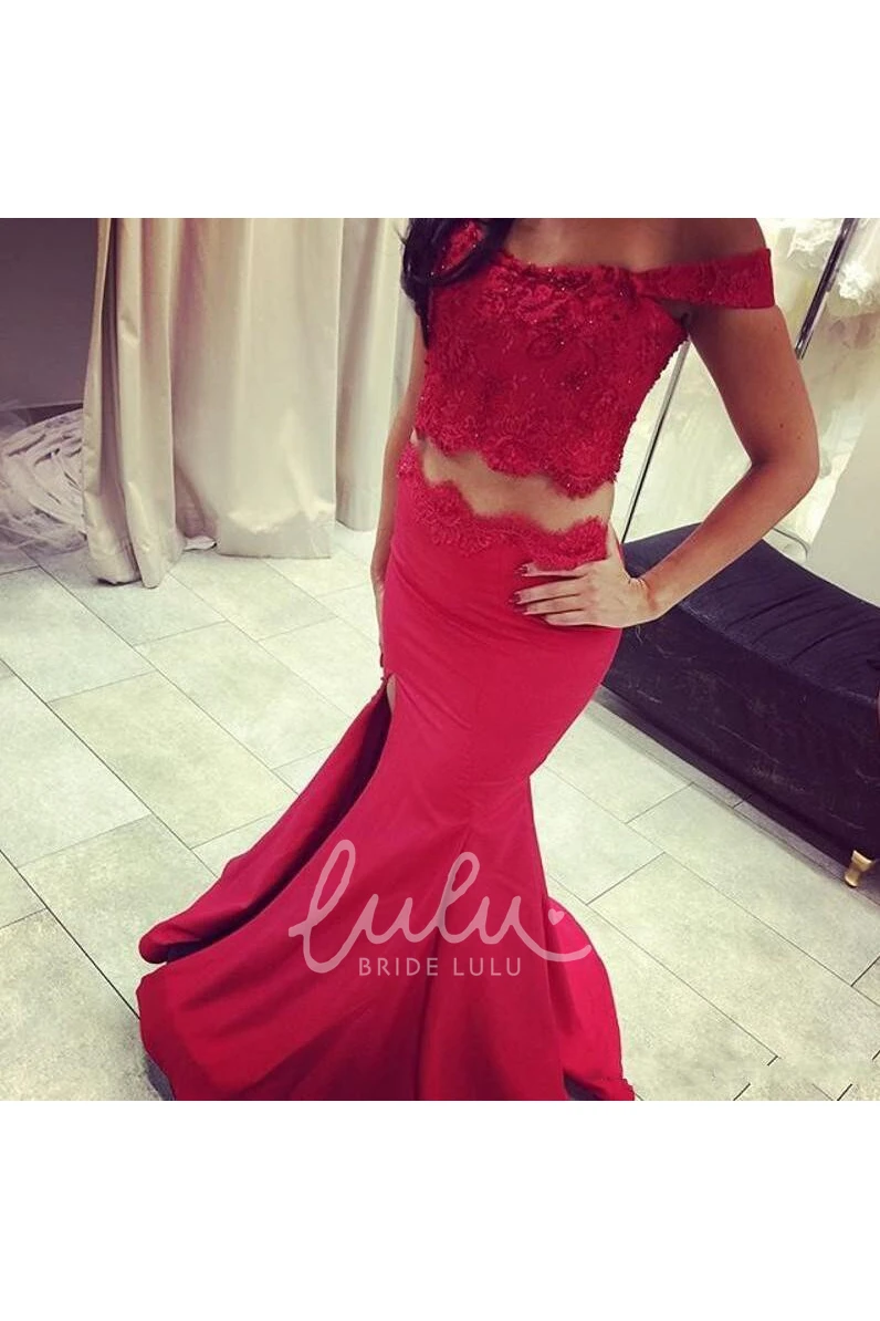 Lace Mermaid Off-the-shoulder Dress with Cap Sleeves and Sweep Train