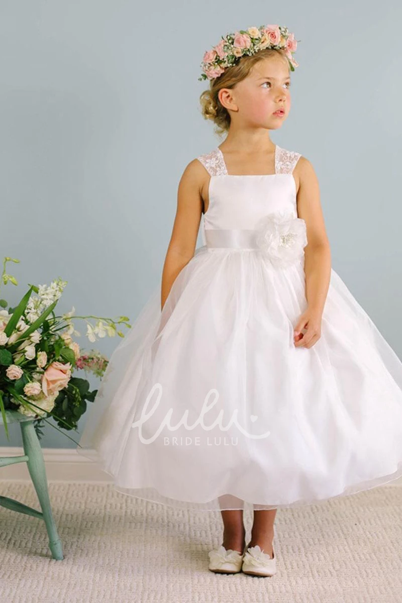 Tea-Length Floral Lace&Organza Flower Girl Dress With Sash Beautiful Bridesmaid Dress for Girls