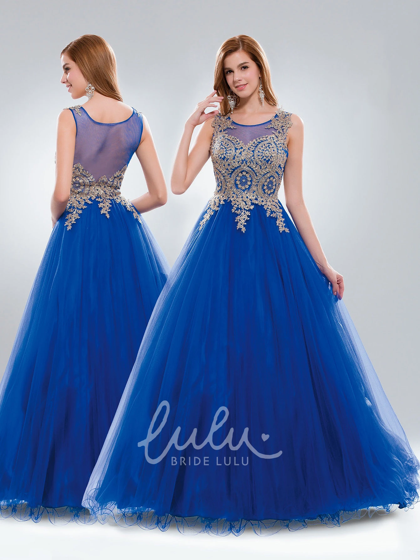 Long Sleeveless Tulle Ball Gown Dress with Appliques and Ruffles Formal Dress