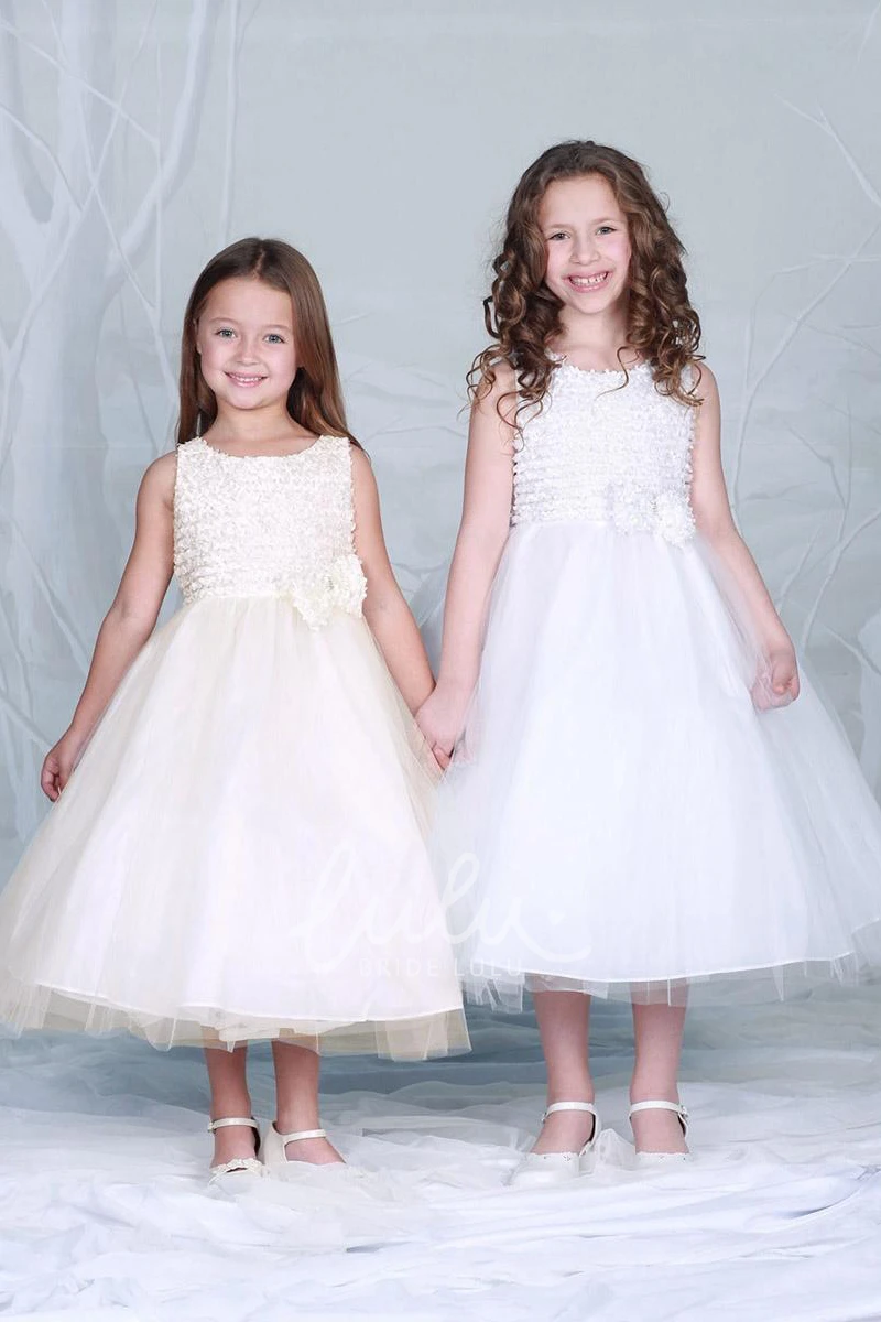 Tiered Tulle Bowed Flower Girl Dress Tea-Length Modern