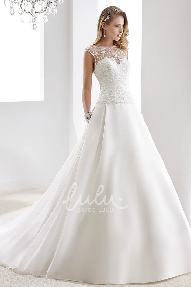 Lace Bodice Illusive Design A-Line Wedding Dress with Cap Sleeves
