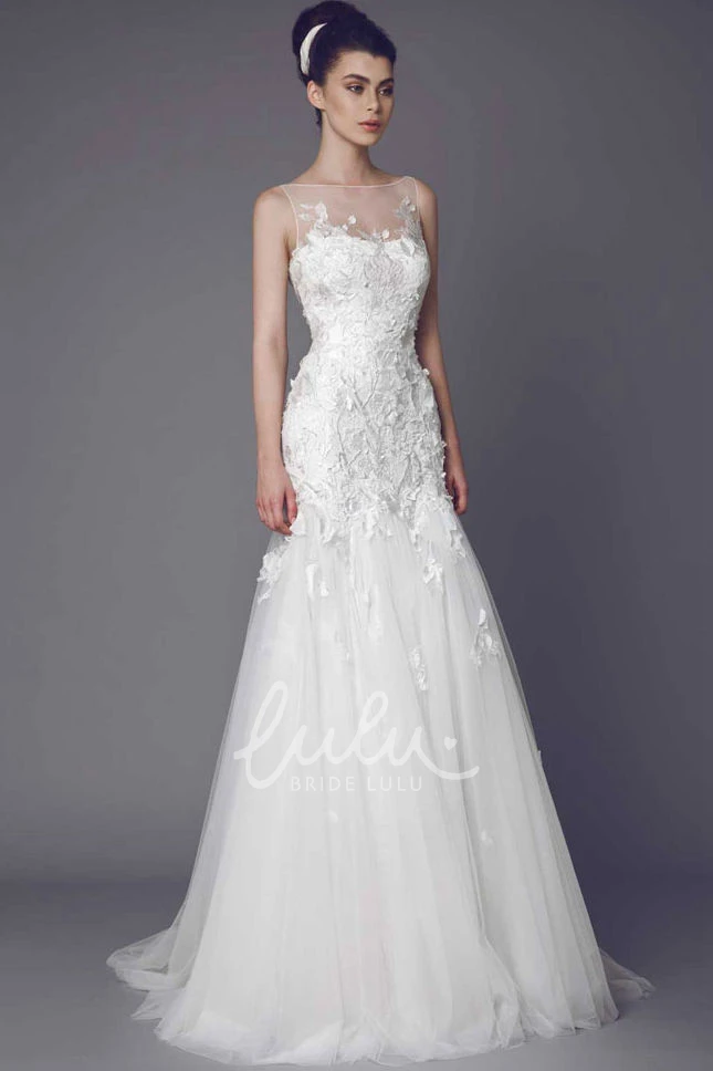 Illusion Bateau Neckline Wedding Dress with Court Train and Long Tulle Appliques Timeless Bridal Gown