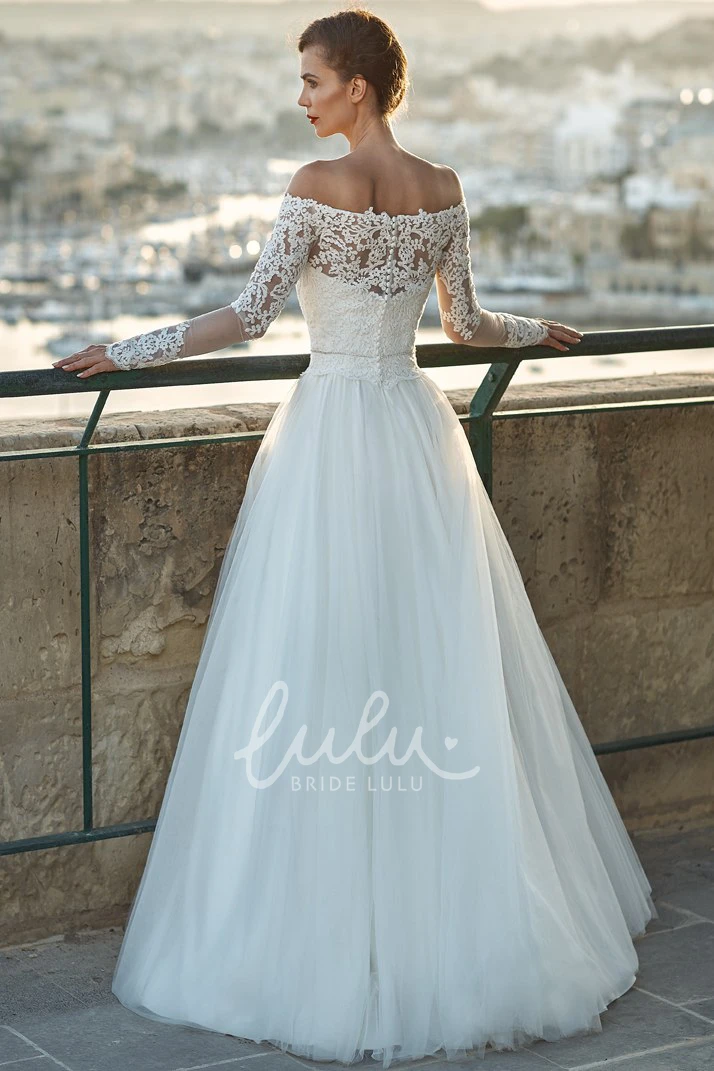Off-The-Shoulder Tulle and Lace A-Line Wedding Dress Appliqued and Long-Sleeved
