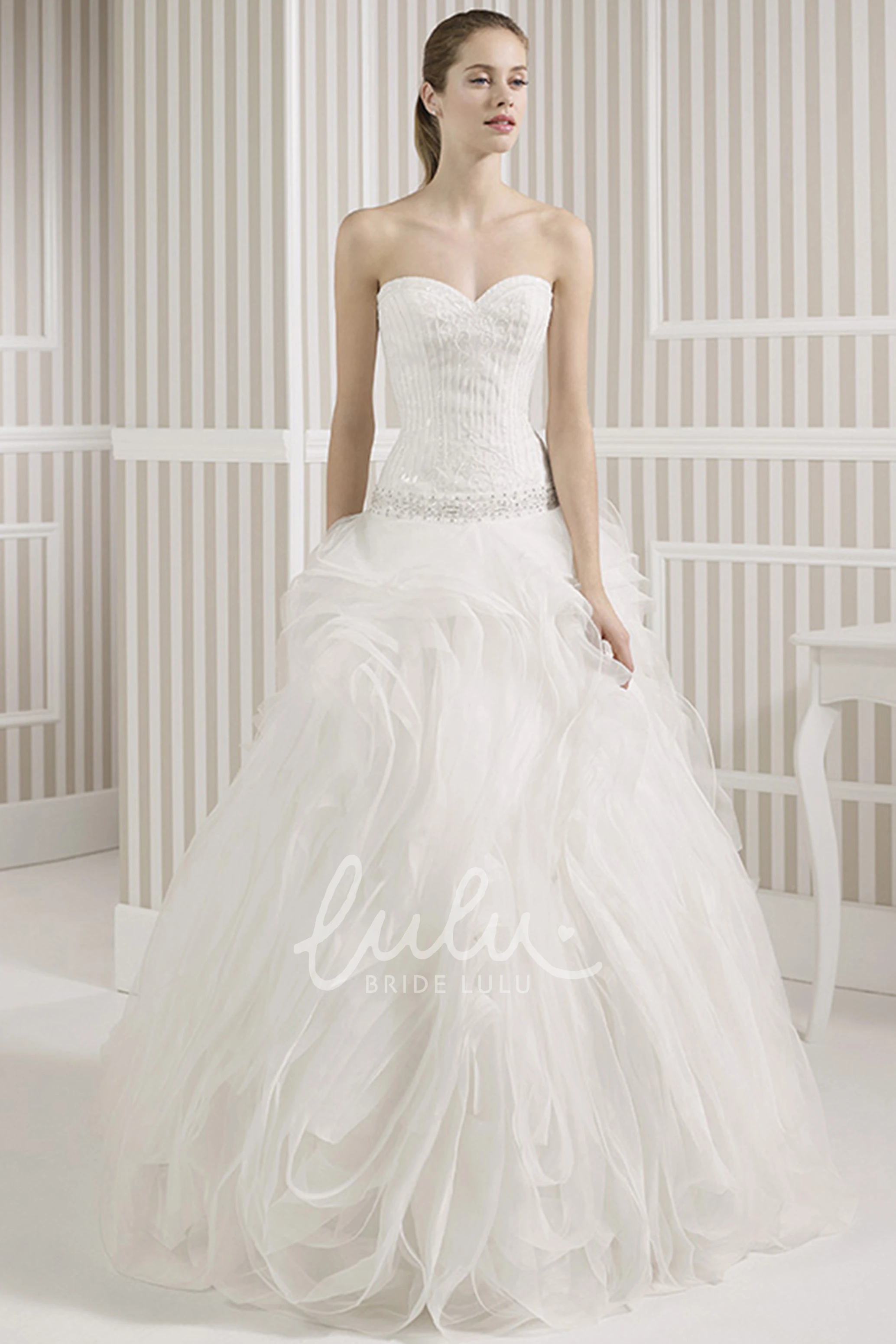 Beaded Tulle Wedding Dress with Ruffles and V Back A-Line Sweetheart Maxi