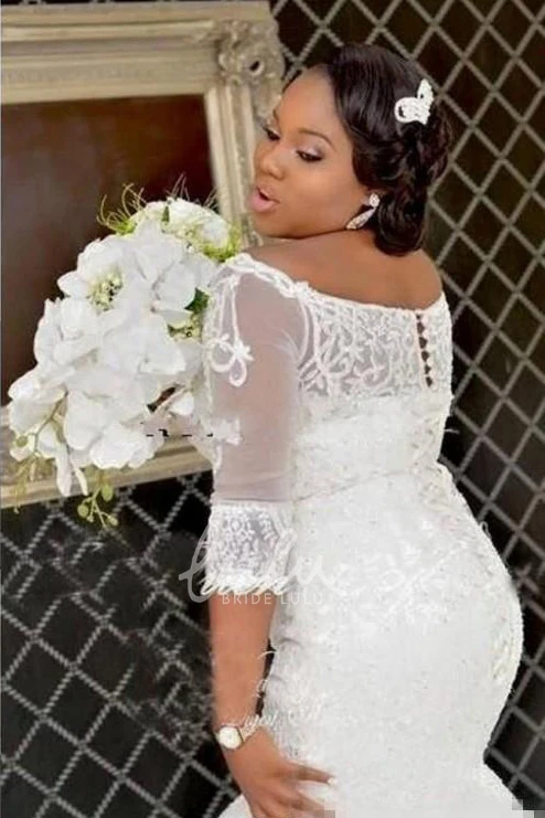 Off-the-shoulder Lace Mermaid Wedding Dress with Trumpet Skirt and Button and Lace-up Corset Back