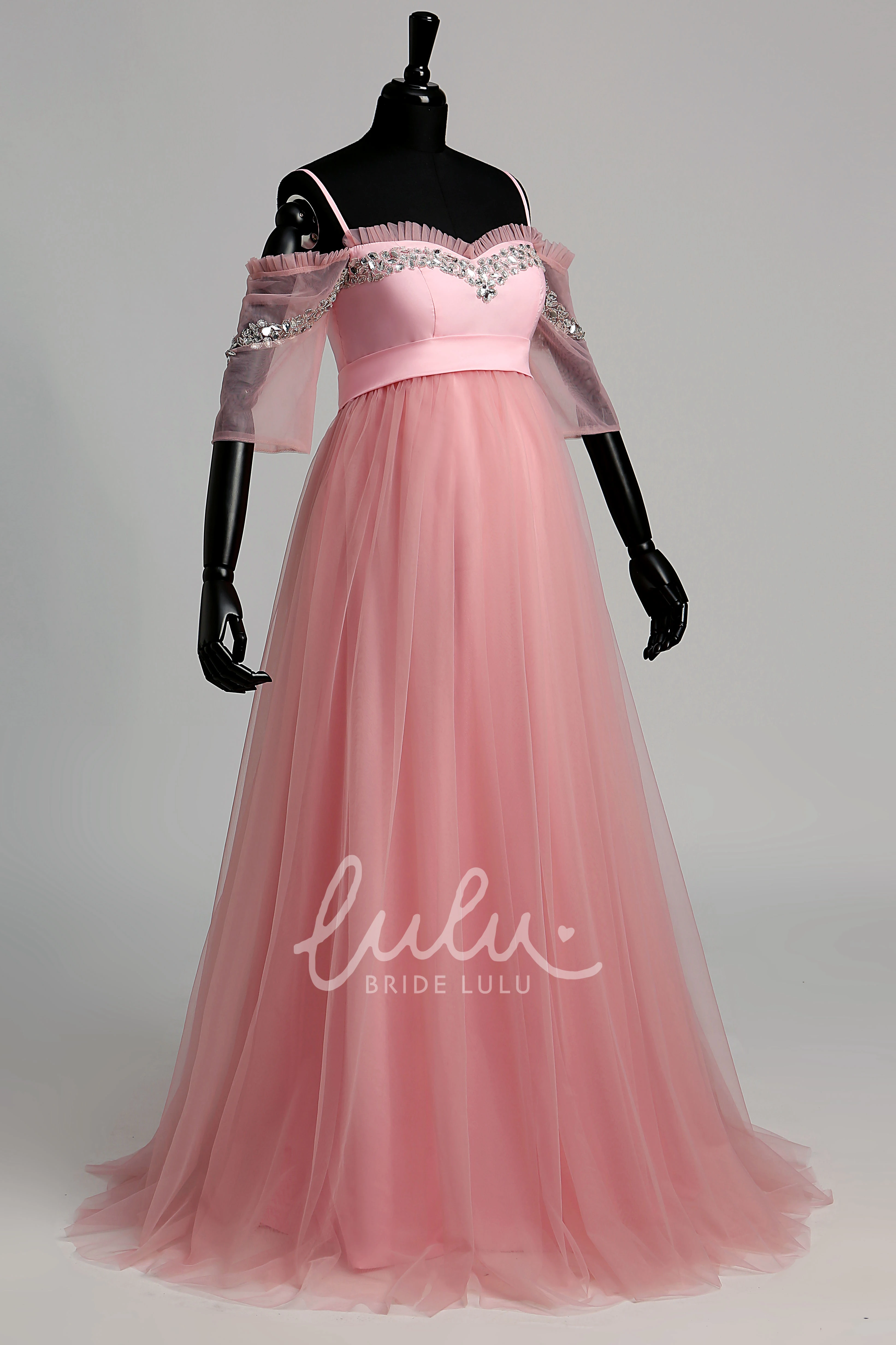 A-Line Maternity Dress with Tulle Fabric Sweep Brush Train Beading and Ruffles