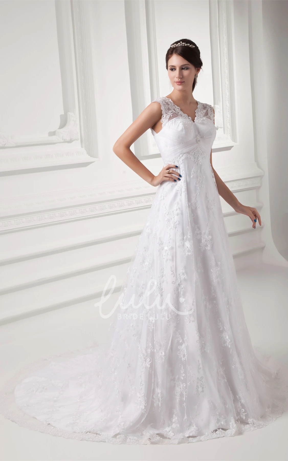 Lace A-line Wedding Gown with V-neck and Low-v Back Modern Bridal Dress