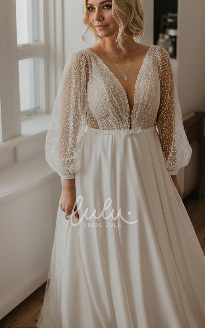 2025 Modern Unique Plus Size A-Line Long Sleeve Wedding Dress Sexy Flowy Illusion Backless Satin Bridal Dress