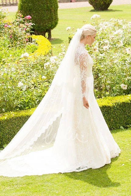 Appliqued Lace Wedding Dress with Long Sleeves Strapless Floor-Length