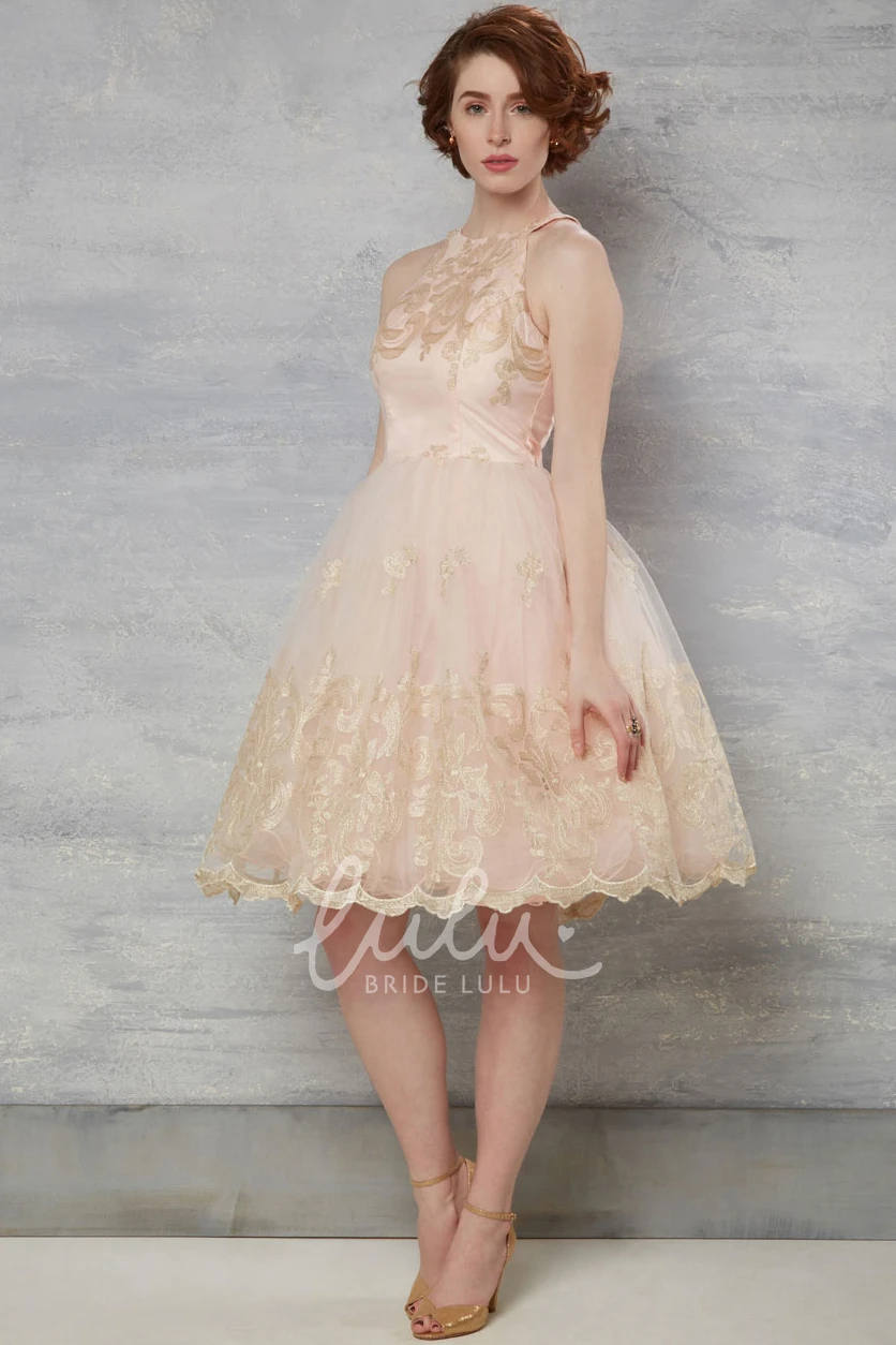 Tulle Wedding Dress with Appliques High Neck Sleeveless Knee-Length A-Line