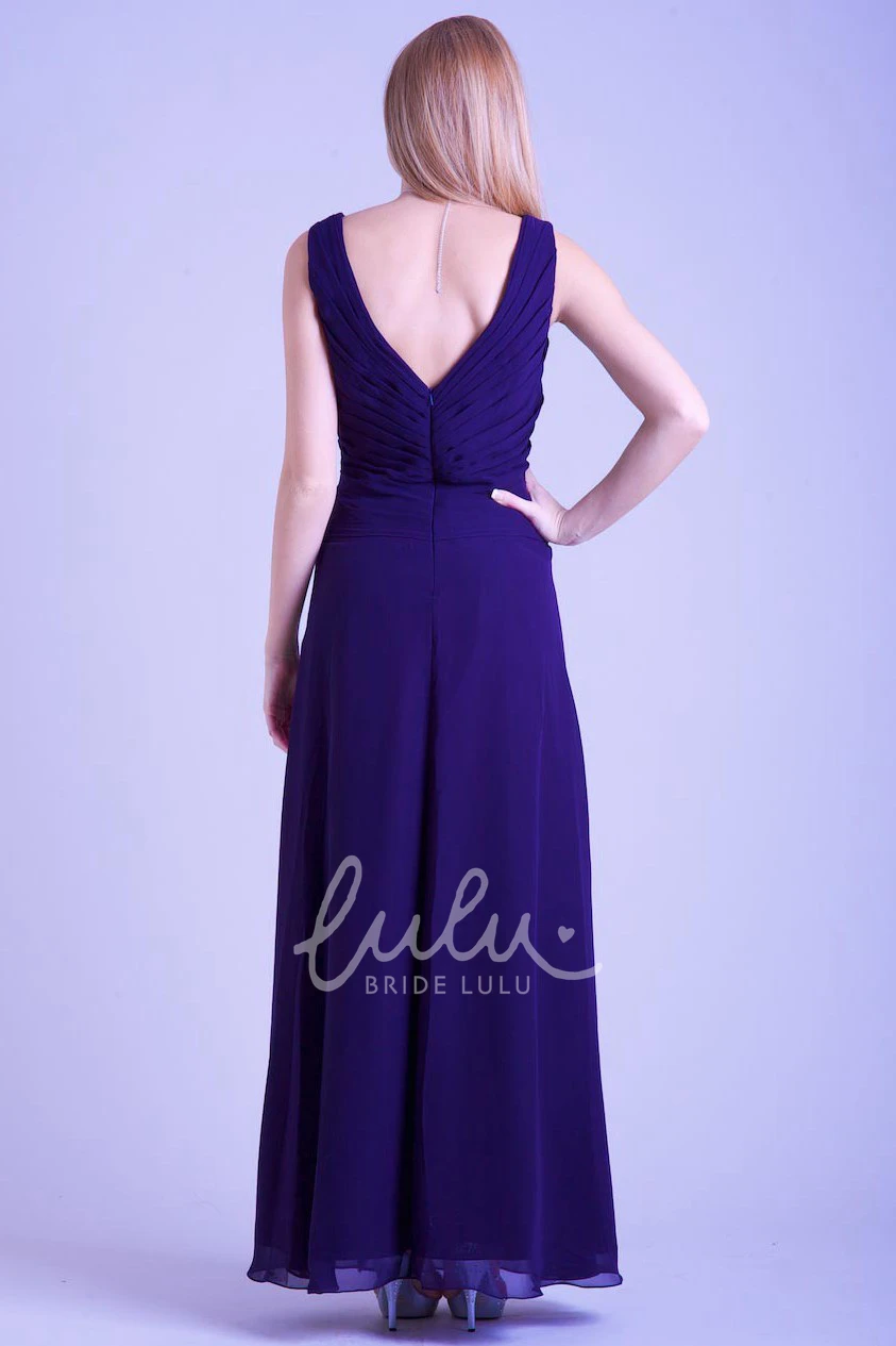 Sleeveless V-Neck Chiffon Prom Dress with Draping and Ruching A-Line Ankle-Length Dress