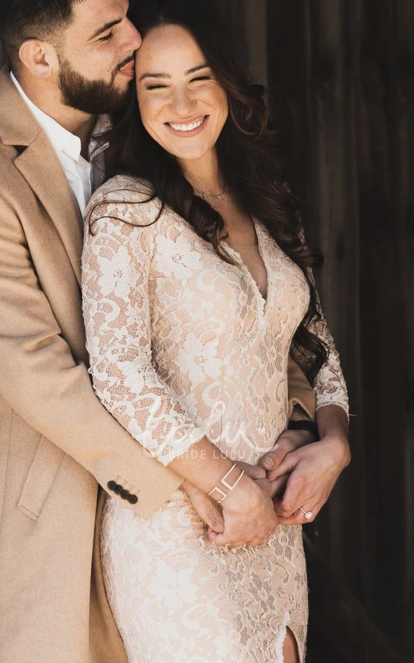 Bohemian Sheath V-Neck Lace Wedding Dress Elegant 3/4 Length Sleeve Split Front Zipper Back Bridal Gown