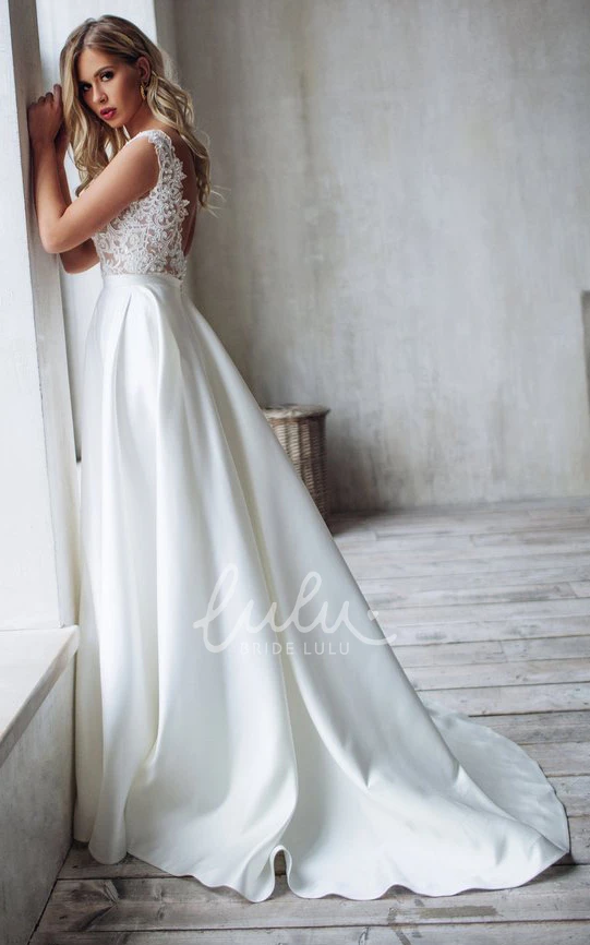 Simple A-Line Satin Lace Wedding Dress Sleeveless Low-V Back Ruffles
