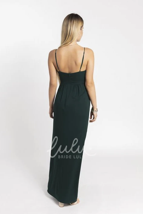 Simple Spaghetti Straps V-neck Bridesmaid Dress with Open Back Flowy Bridesmaid Party Gown