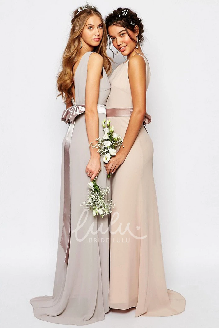 Sleeveless Chiffon Bridesmaid Dress with Ribboned Bateau Neck and Brush Train