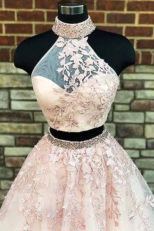 A-Line Lace Tulle Formal Dress with High Neckline