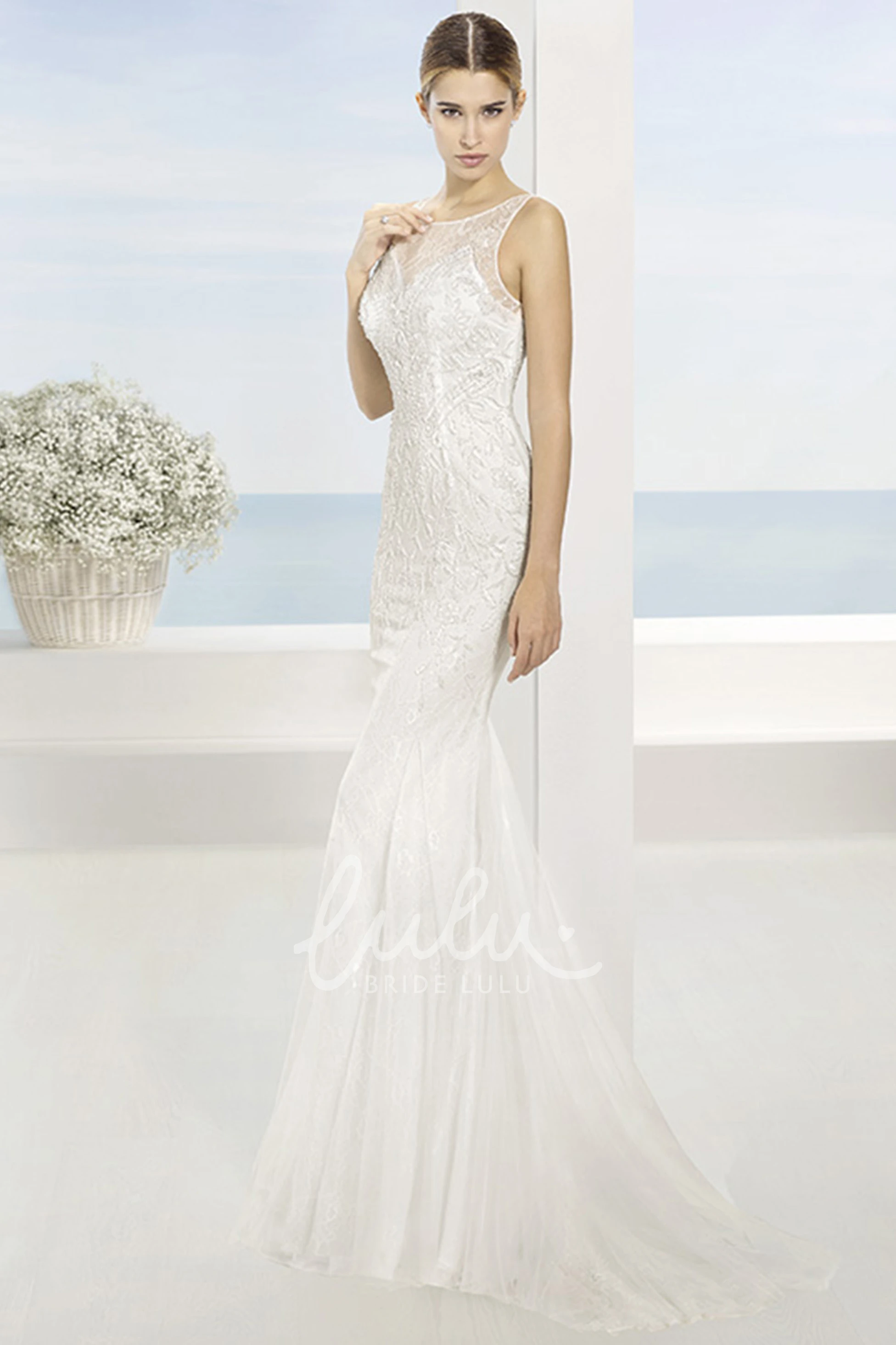 Sleeveless Bateau Lace Wedding Dress with Sweep Train and Illusion Back Simple Bridal Dress